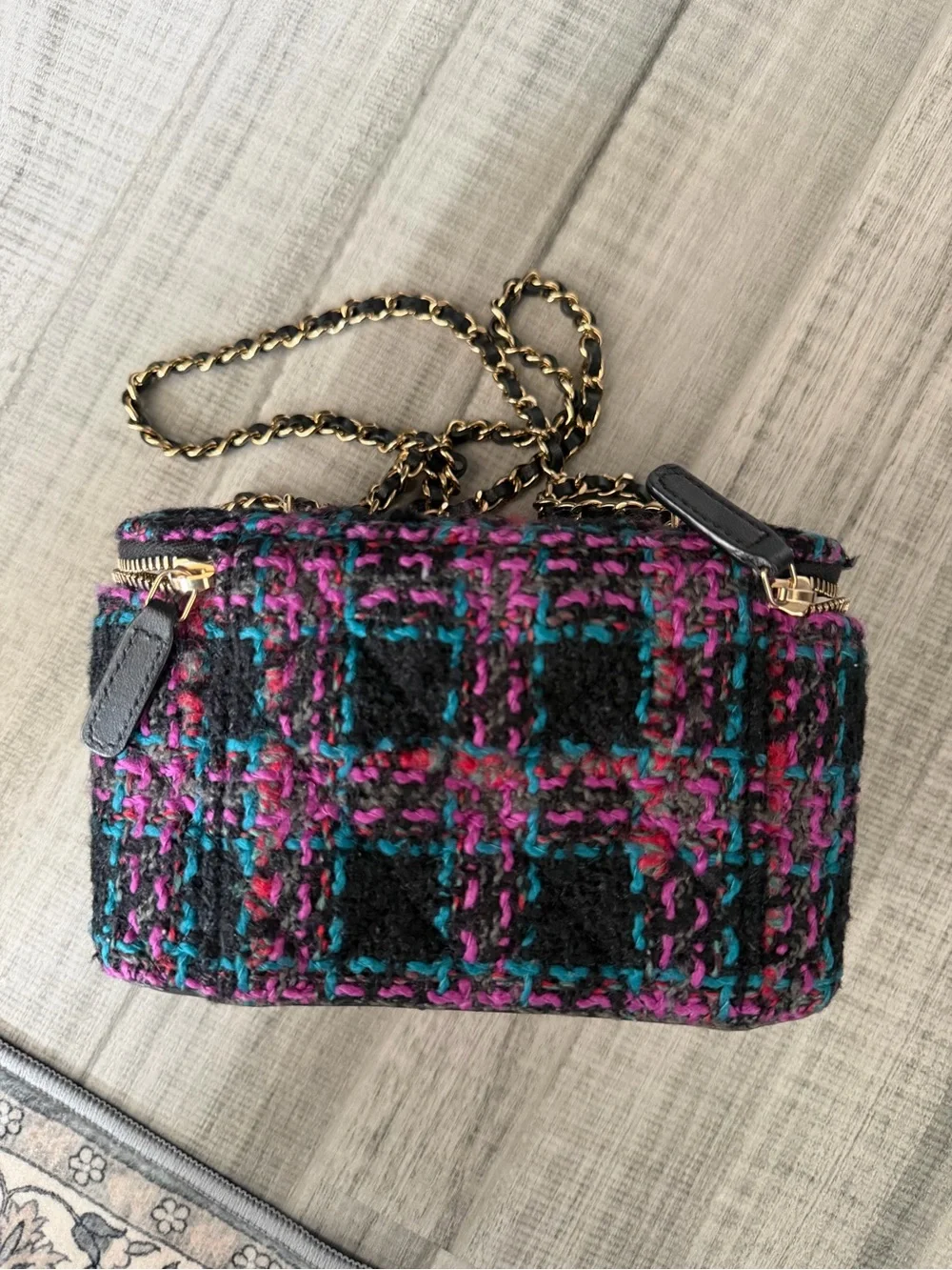 CHANEL Black, Pink & Teal Tweed Vanity Crossbody Bag